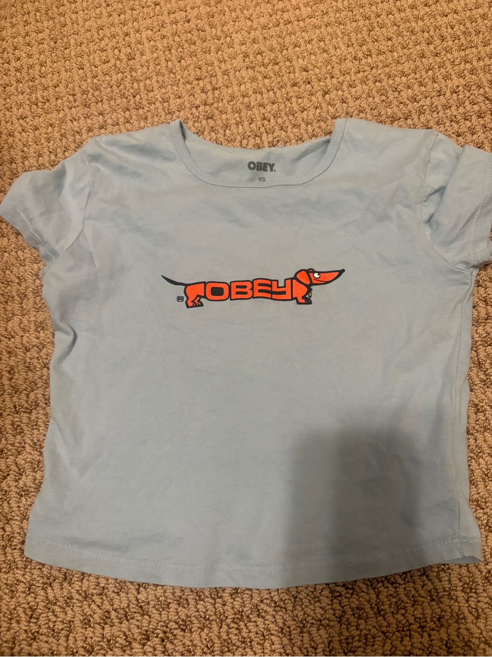 Obey Light Blue Crop Tee with Orange Dachshund Logo